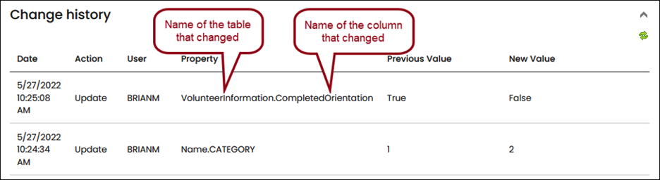Example of how properties are formatted in the change log